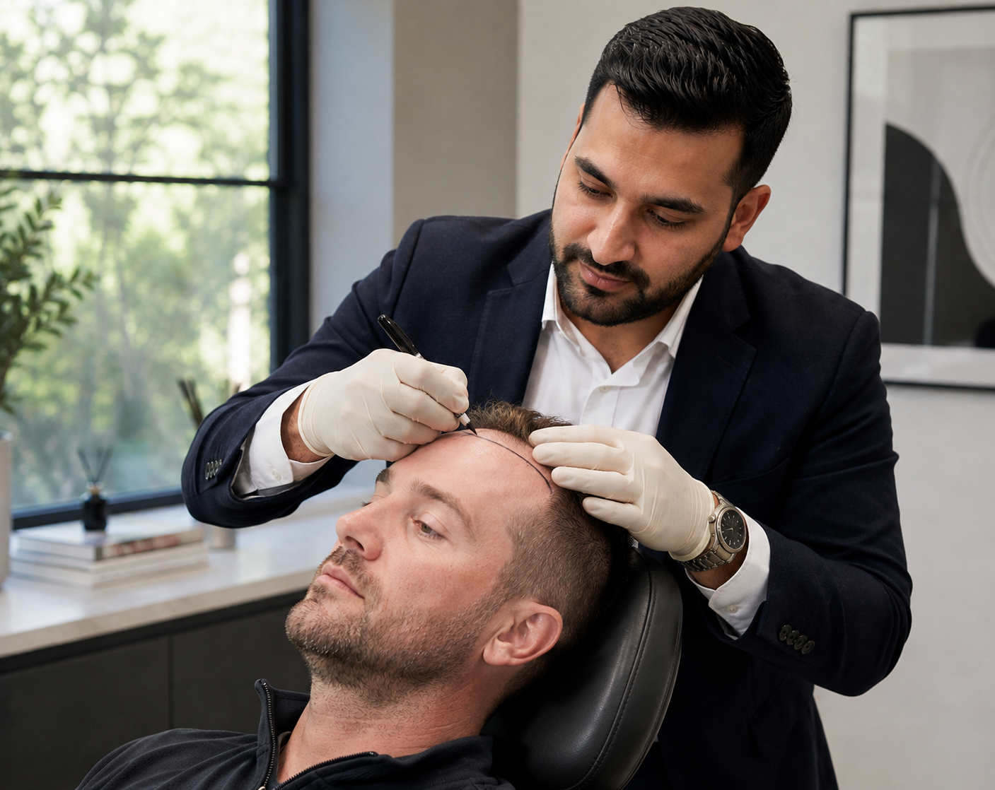 Dr Raja designing a patient's hairline before FUE surgery